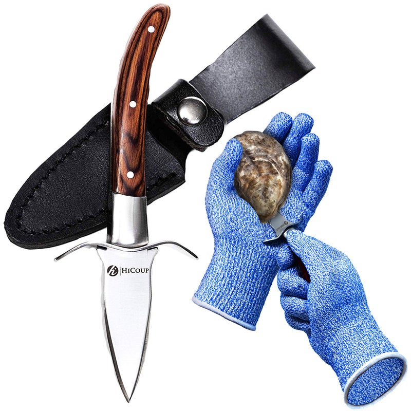 HiCoup Kitchenware HiCoup Oyster Shucking Knife and Glove Kit - Clam and Oyster Knife Shucker Set with Stainless Steel Seafood Opener Tool, Wood Handle and Glovesï»¿ - Image 1